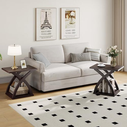 ChooChoo Side Table, Modern End Table with Storage Shelf, X-Design | Simple shape, Living Room, Brown - color: Espresso, size: 15.7"D x 21.7"W x 19.6"H