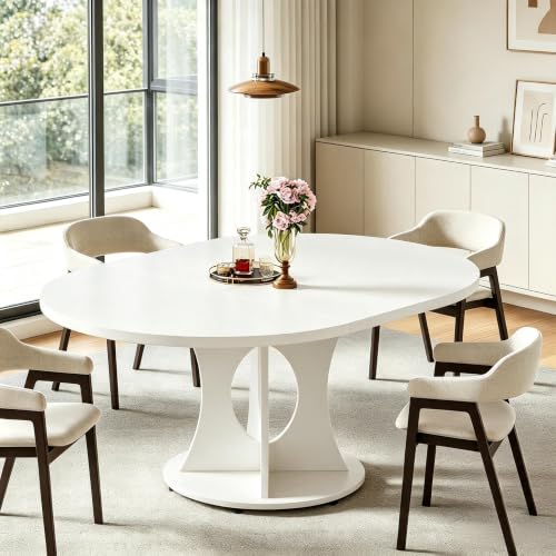 43-59" Expandable Round Dining Table, Kitchen Table with Hidden Storage | Space Saving White Modern Design, Solid Pedestal Base for Dining Room & Small Apartments, Wood Table, Easy Assembly