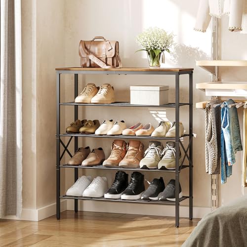 5-Tier Shoe Rack, Shoe Storage for Entryway and Closet, Free Standing Shoe Organizer with Metal Mesh Shelves, 16-20 Pairs of Shoes, Rustic Brown and Black SS05BR - color: Rustic Brown + Black, size: 27.8" x 10.8" x 32.7"