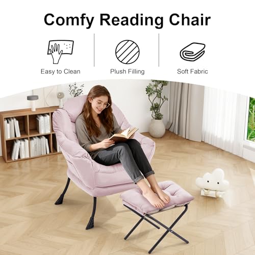 Lazy Chair with Ottoman, Modern Accent Lounge Chair with Side Pocket and Armrests, Cozy Reading Armchair with Footrest, Upholstered Sofa Chair for Small Spaces, Bedroom Living Room, Pink - color: Pink