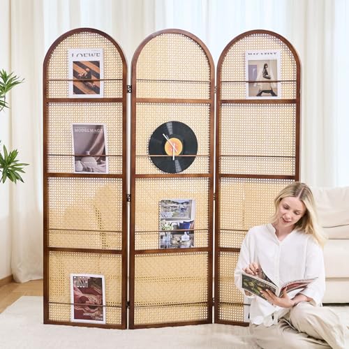 Rattan Room Divider with Bookshelf,Foldable Privacy Screen Partition,Wooden Frame,Natural Portable for Living Room,Bedroom Home,Office Reading Nook (Walnut, 3 Panels) - color: Walnut
