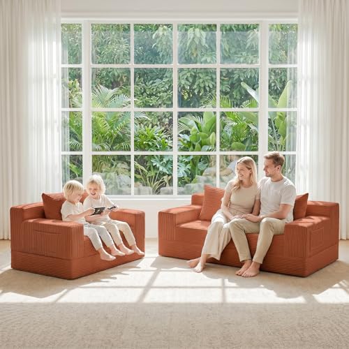 Convertible Sofa Bed,Small Boneless Couch & Boneless Loveseat,Pull Out Couch Bed for Small Spaces,Premium Luxe Corduroy Folding Floor Futon Sleeper with Side Pocket & 2 Pillows,No Assembly Required - color: A-orange, size: Lovseat