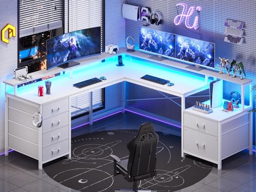 SEDETA L Shaped Computer Desk with 6 Drawer, File Drawer & Power Outlet | 108" Corner Computer Desk with Monitor Shelf, File Cabinet for Home Office/Two Person, Gaming Desk with Led Lights, White - color: White