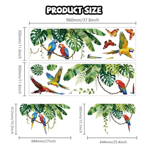 Tropical Parrot and Monstera Wall Decals, Wall Stickers Decor | 2 Sheets 11.8"x37.8" Vinyl Removable Peel and Stick Murals, Plant Decor for Bedroom, Bathroom, Office, Classroom & Home - style: Tropical Parrot and Monstera