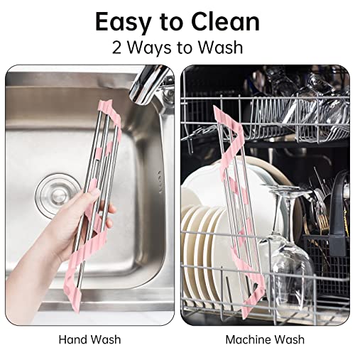 Tomorotec Triangle Foldable Dish Drying Rack, Small Roll-Up Stainless Steel Over Sink Drainer for Kitchen Sink Corner, Rustproof Multipurpose Organizer(Pink) | BPA-Free Food-Grade Silicone Edges Foldable Waterproof Rustproof Heavy-Duty Space Saver Heat Re
