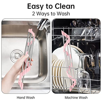 Tomorotec Triangle Foldable Dish Drying Rack, Small Roll-Up Stainless Steel Over Sink Drainer for Kitchen Sink Corner, Rustproof Multipurpose Organizer(Pink) | BPA-Free Food-Grade Silicone Edges Foldable Waterproof Rustproof Heavy-Duty Space Saver Heat Re