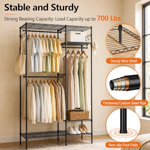 Clothes Rack with Adjustable Wire Shelves & Hanging Rods, Black | Portable Clothing Garment Rack for Hanging Clothes, Freestanding Closet Organizer, Heavy Duty, Max Load 700Lbs - color: Black
