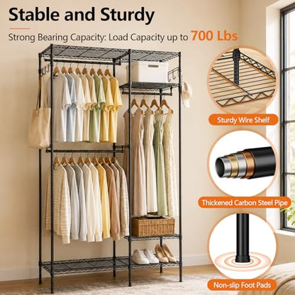 Clothes Rack with Adjustable Wire Shelves & Hanging Rods, Black | Portable Clothing Garment Rack for Hanging Clothes, Freestanding Closet Organizer, Heavy Duty, Max Load 700Lbs - color: Black