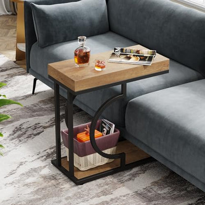 Tribesigns Narrow Side Table C Shaped End Table Modern Bedside Tables for Couch, Small Sofa Chairside Tables with Metal Frame for Living Room (2, Natural+Black) - color: Natural+black