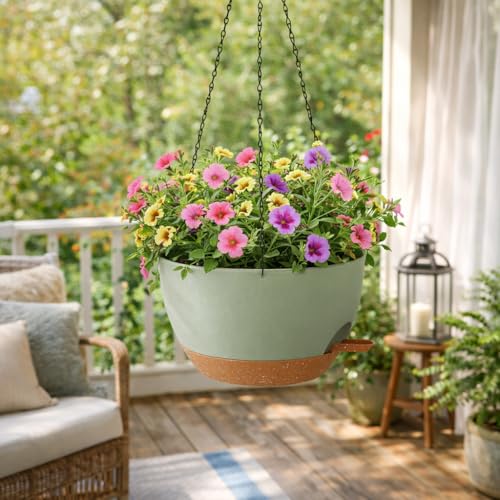 TYMENSH Hanging Plant Pots 12 Inch Set of 2, Self Watering Hanging Planters with Drainage Holes, Removable Saucer, Durable Plastic Flower Pots with Chains for Indoor Outdoor Plants, Green - color: Green