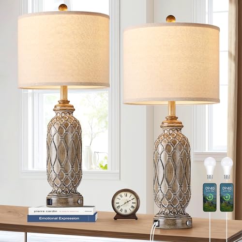 Farmhouse Lamps for Living Room Set of 2, 28" Table Lamps for Bedroom with USB Ports, 3-Way Dimmable Nightstand Table Lamp (Bulbs Included) - color: 4.Brown