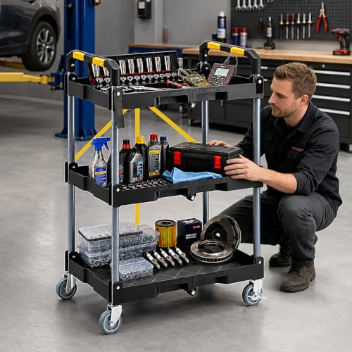 KINGRACK 3 Tier Rolling Folding Utility Cart with Wheel for Garage Workshop | Folding Utility Cart,200LBS Capacity with Fixed Rope,Ergonomic Textured Grip Handle