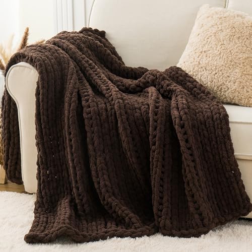 Battilo Brown Chunky Knit Throw Blanket, 50"x60" | Soft Thick Chenille Throw Blanket, Handmade Cable Knit Crochet Blanket for Couch Sofa Bed Home Decor - color: Brown