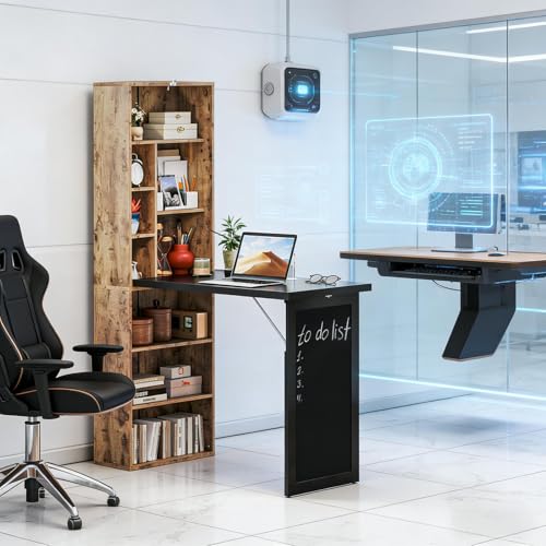 Foldable Wall Mounted Desk with Storage Shelves & Blackboard, Fold-Out Convertible Writing Table for Small Spaces | Space-Saving Floating Computer Desk for Home Office (Brown) - color: Brown