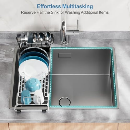 Small Sink Dish Drying Rack - Stainless Steel in Sink Dish Rack for RV Camper, Expandable Kitchen Counter Drainer with Utensil Holder, 13.2''-19.1" L x 6.5" W x 4.3" H, Silver