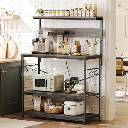 SUPERJARE Bakers Rack with Power Outlets, Microwave Stand, 39.4 X 14.3 Inch Larger Desktop, Kitchen Storage Rack with Adjustable Middle Shelf, 6 S-Shaped Hooks, Coffee Bar Stand, Grey - color: Charcoal Gray, size: 39.4inch
