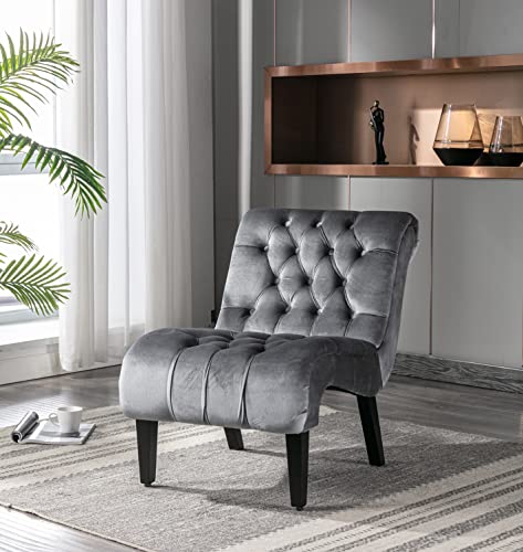 Comfy Velvet Accent Chair, Tufted Armless Side Chair with Rolled Edge | Modern Small Lounger for Living Room, Upholstered Reading Chaise Lounge with Solid Rubber Wood Legs, Silver - color: Silver, size: Set of 1