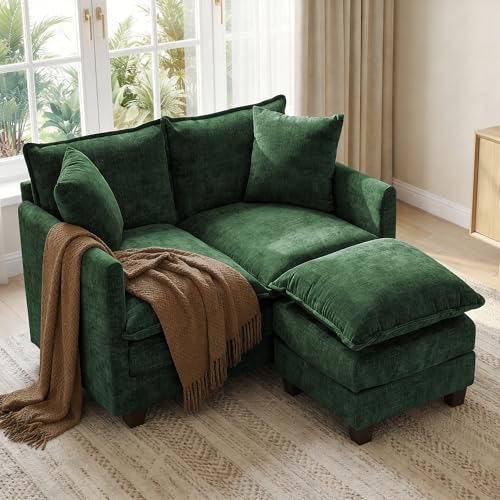 52" Loveseat Sofa, L-Shaped Cloud Love Seat Couches with Ottoman | Comfy Chenille Modern Love Seat with 2 Pillows, Small Loveseat for Small Spaces, Living Room, Bedroom, Apartment,Green, 52" L - color: Green, size: 52" L