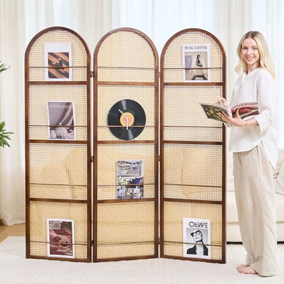 Rattan Room Divider with Bookshelf,Foldable Privacy Screen Partition,Wooden Frame,Natural Portable for Living Room,Bedroom Home,Office Reading Nook (Walnut, 3 Panels) - color: Walnut