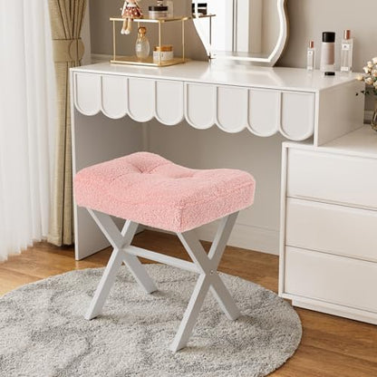 18-Inch Vanity Stool Chair, Pink Padded Saddle Makeup Stool | Teddy Flannel Vanity Bench, Metal X-Leg, 300 LBS, 16.3"x12.4"x18", Ottoman Accent Stool, Breathable Soft Saddle Seat - size: Small, style: Pink Fabric