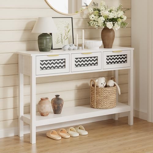 KIGOTY 47" Wood Entryway Table Narrow Console Table with Storage Behind Couch Sofa Table with Drawers, 2-Tier Fluted Entrance Sofa Tables with Outlets for Hallway (White) - color: White-black, size: Wave Fluted
