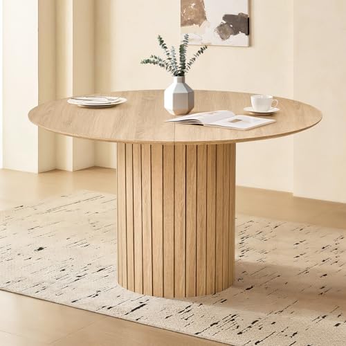 47" Round Dining Table for 4, Farmhouse Kitchen Table [Chamfered Edge Tabletop] Circle Pedestal Dinner Table, φ47.2"x29.5"H, Natural - color: Basic Natural 47