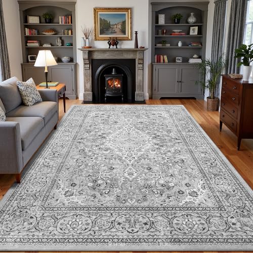Grey Washable Vintage Non Slip Area Rug, 8x10 Boho Floral Living Room Rugs, Soft Low Pile Indoor Mat, Aesthetic Pattern Carpet for Bedroom Kitchen and Dining Room - color: Grey, size: 8' x 10' (Rectangular)