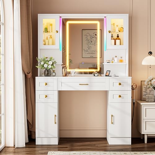 Vanity Desk with Mirror and LED Lights & Power Outlet | Large Makeup Vanity Table with 5 Drawers and 4 Storage Cabinets, White Dressing Table for Bedroom - size: 049 White
