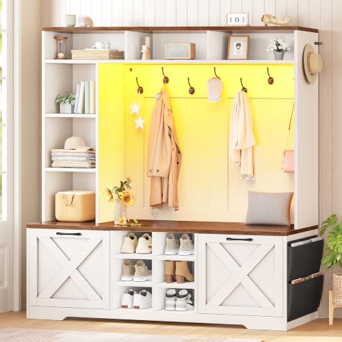 Itaar Hall Tree with Bench and Shoe Storage, 59.1" Farmhouse Entryway Bench with Coat Rack, Shoe Cabinet with Flip Drawers, 12 Shelves, 9 Coat Hooks, Storage Bag, Led Lights, White - color: White, size: 11.8"D x 59.1"W x 70.9"H