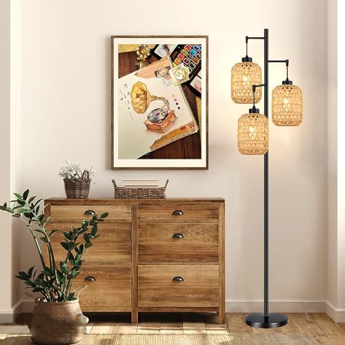 QIYIZM Floor Lamp for Living Room,Bedroom,Boho Rattan Tree 3 Lights Farmhouse Floor Lights,Industrial Black Standing Lamp Wicker Rustic Tall Lamp,Woven Bamboo LampShade Floor Lamps Bohemian - size: Floor Lamp--17