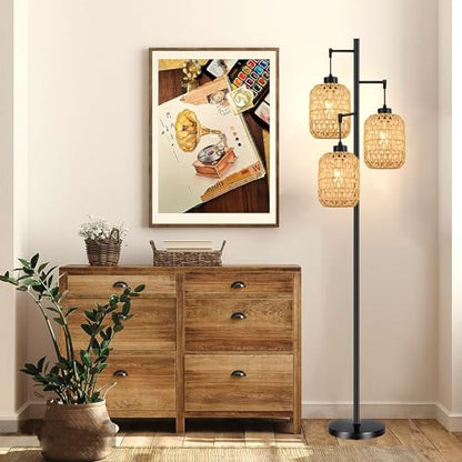 QIYIZM Floor Lamp for Living Room,Bedroom,Boho Rattan Tree 3 Lights Farmhouse Floor Lights,Industrial Black Standing Lamp Wicker Rustic Tall Lamp,Woven Bamboo LampShade Floor Lamps Bohemian - size: Floor Lamp--17