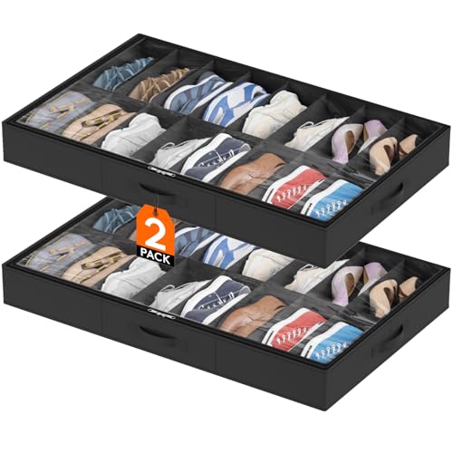 Lifewit Under Bed Shoe Storage Organizer 2 Pack(16 Shoes Cells), 4.3 Inches Profile Fabric Shoes Container Box with Clear Cover, Foldable Storage Bag with 2 Handles, Fits 16 to 32 Pairs - style: 16 Shoes Cells