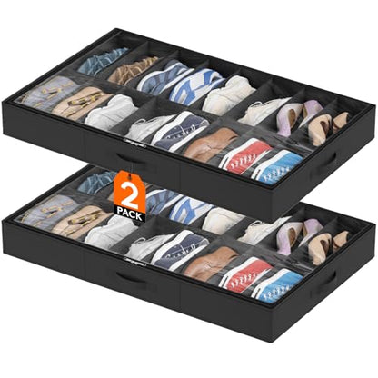 Lifewit Under Bed Shoe Storage Organizer 2 Pack(16 Shoes Cells), 4.3 Inches Profile Fabric Shoes Container Box with Clear Cover, Foldable Storage Bag with 2 Handles, Fits 16 to 32 Pairs - style: 16 Shoes Cells