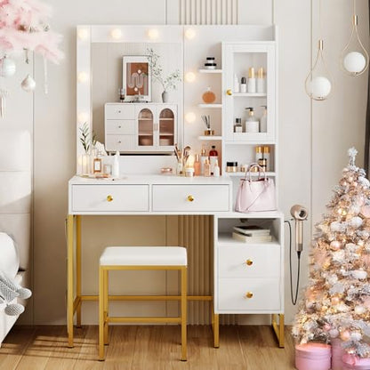 Vanity Desk with Mirror and LED Lights & Power Outlet | Large Makeup Vanity Table with 5 Drawers and 4 Storage Cabinets, White Dressing Table for Bedroom - size: 004 White
