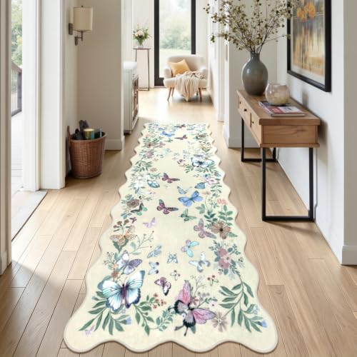 Washable Scalloped Butterfly Runner Rug, 2.6x8 Rug Runners for Hallways Non-Slip Ultra Thin Soft Kitchen Runner Rug, Beige Boho Floral Throw Carpet for Bathroom Laundry Entryway - color: Beige Butterfly, size: 2.6' x 8'