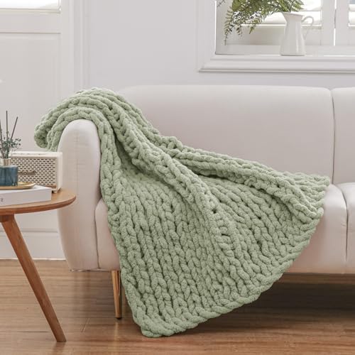 WESHIONGOO Chunky Knit Blanket Throw for Couch Bed 40"×40" Sage Green | 100% Handmade Knit Throw blanket Throw Blanket With Jumbo Chenille Yarn Thick - color: Sage Green, size: 40"x40"(Small Size Throw)