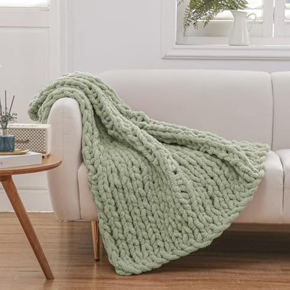 WESHIONGOO Chunky Knit Blanket Throw for Couch Bed 40"×40" Sage Green | 100% Handmade Knit Throw blanket Throw Blanket With Jumbo Chenille Yarn Thick - color: Sage Green, size: 40"x40"(Small Size Throw)