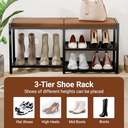Shoe Rack Bench with Cushioned Seat,3-Tier Wrought Iron Shoe Rack | Shoe Bench for Entrance Hall,Shoe Storage, Multifunctional Storage Bench for Hall and Bedroom