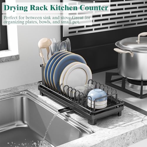 XYZLVSI Small Sink Dish Drying Rack, Compact Dish Drainer with Drainboard | Rustproof stainless steel sink dish rack ideal rv/camper, removable utensil holder, plate rack, fork & knives space saving