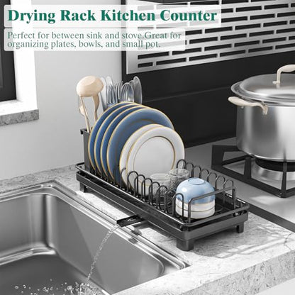 XYZLVSI Small Sink Dish Drying Rack, Compact Dish Drainer with Drainboard | Rustproof stainless steel sink dish rack ideal rv/camper, removable utensil holder, plate rack, fork & knives space saving