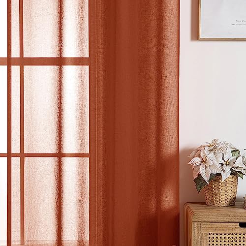 MIULEE Boho Fall Terracotta Linen Textured Sheer Curtains 42W×45L Kitchen | Semi Transparent, Farmhouse, Window Net Panels with Rod Pocket for Bedroom Living Room - color: Terracotta, size: 42"W x 45"L (Pack of 2)
