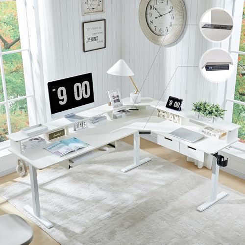 RedLemon 75x60 Inches L Shaped Electric Standing Desk 2 Tier, Antique White | Height Adjustable Corner Gaming Desk with Drawer, Keyboard Tray, Power Outlets & LED Lights, Computer Desk w/ Monitor Shelf - color: Antique White, size: 75"X60"