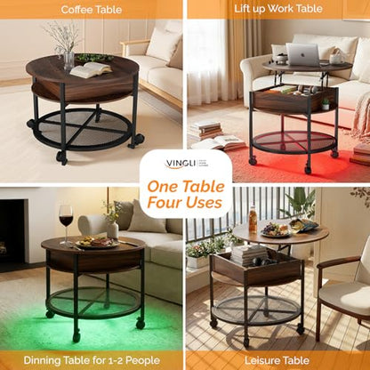 VINGLI 27" Round Lift Top Coffee Table with Wheels & Lights, Walnut | Removable Coffee Table with Hidden Compartment Storage & Metal Shelf, Small Farmhouse Coffee Tables for Living Room, Office - color: Walnut