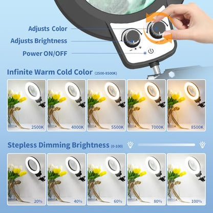 HITTI 12X Magnifying Glass with Light, 2026 Infinite Color and Stepless Dimming Desk Large Lamp & Clamp,2-in-1 LED Hands Free Lighted Magnifier for Craft Hobby Soldering(12X Square Base & Clamp) - size: 12X Square Base & Clamp