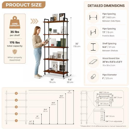 Industrial Bookshelf, Pipe Shelf Bookcase, 5 Tier, 30" Walnut | Solid pine shelves, 30 inch wide, black pipe frame, 35 lbs per shelf, open bookcase for books, plants, office - color: Walnut Brown, size: 30"L × 70"H