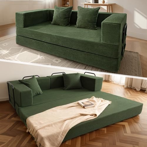5-in-1 Futon Sofa Bed Queen Floor Convertible Couch Foldable Lounge Green | Multi-Position Convertible Lounge Couch for Guest Room & Apartment, Removable Washable Cover, Space Saving - color: Green