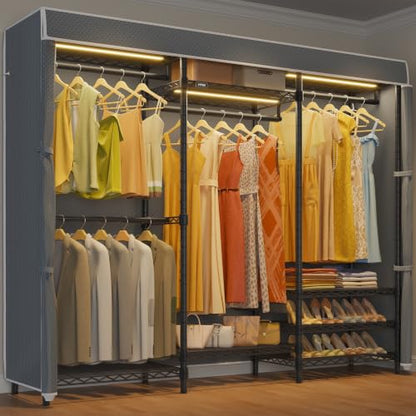 VIPEK V5LC Garment Rack Heavy Duty Covered with Dimmable LED Lights, 3000K Warm White, Portable Closet Wardrobe Freestanding for Hanging Clothes, Black with Grey Cover - color: Black Rack With Grey Cover, style: V5LC