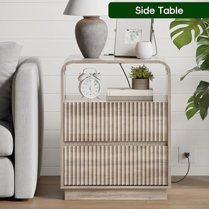 Grey Nightstands Set of 2 with Charging Station, Mid Century Modern End Tables & Bedside Tables, Fluted Wood Small Night Stands with 2 Hidden Drawers and Storage Shelf for Bedroom, Gray - color: Grey, style: 2 Drawers-2 PCS