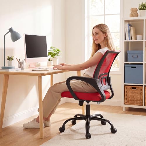 DUMOS Ergonomic Home Office Chair, Executive Mesh Desk Chair | Height Adjustable, Lumbar Support, Breathable Mid Backrest, Fixed Armrest, Rolling Wheels, Computer Gaming, Meeting, Red - color: Red