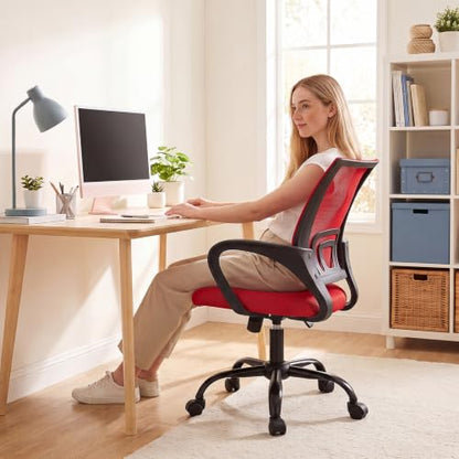 DUMOS Ergonomic Home Office Chair, Executive Mesh Desk Chair | Height Adjustable, Lumbar Support, Breathable Mid Backrest, Fixed Armrest, Rolling Wheels, Computer Gaming, Meeting, Red - color: Red